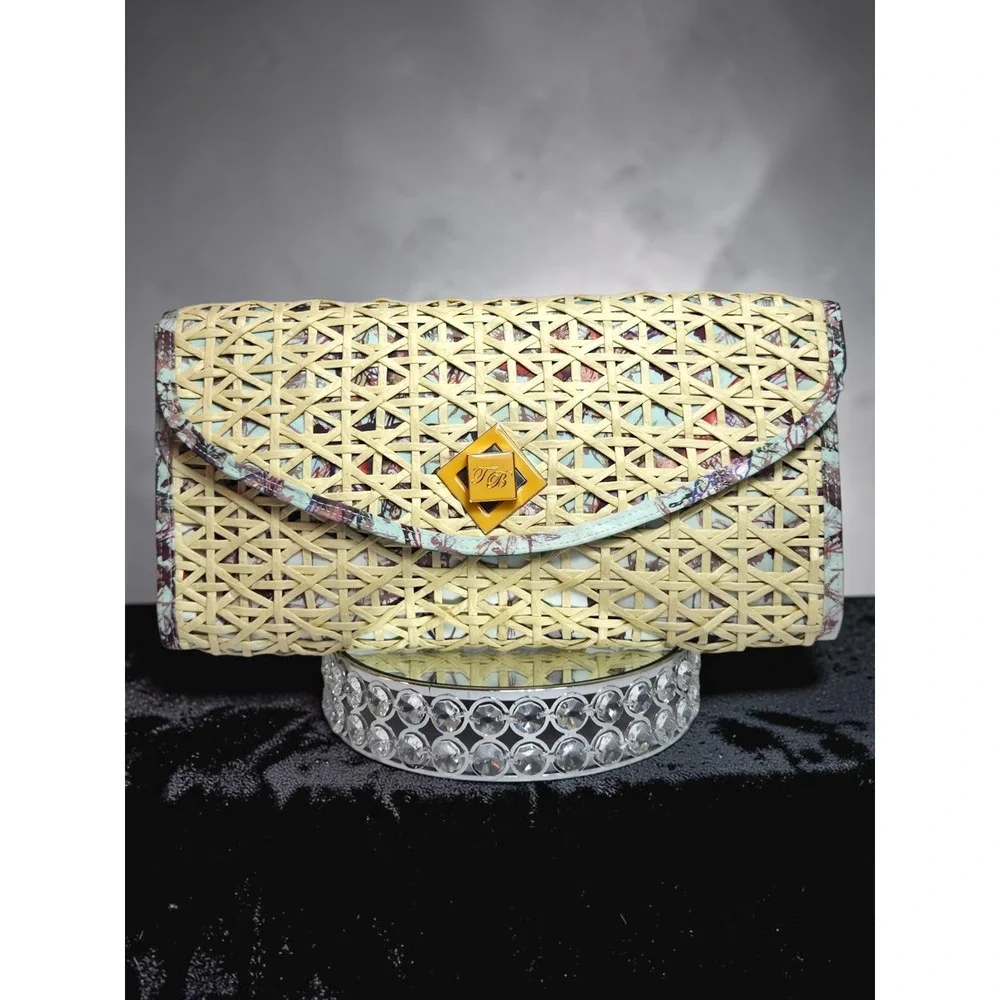Ted Baker Woven Straw Look Clutch Natural Multicolor Oversized Resort Hand Bag